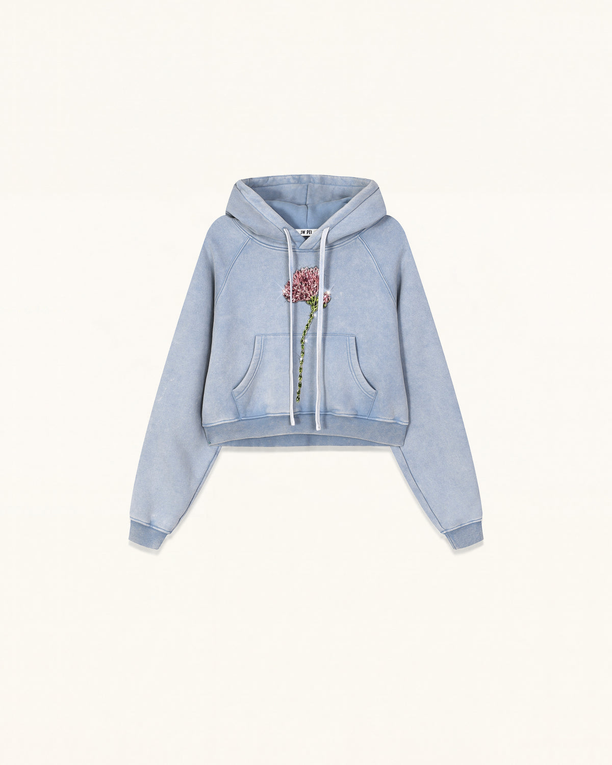 Rhinestone Rose Acid Cropped Hoodie - Washed Sky