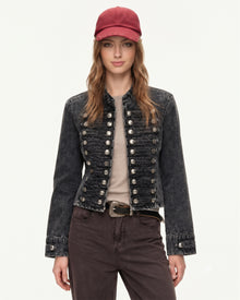 Hussar Braided Stand Collar Denim Jacket - Washed Charcoal