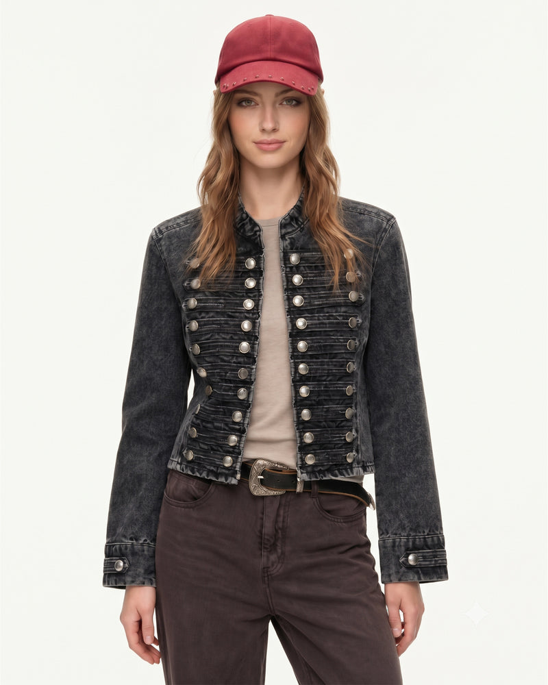 Hussar Braided Stand Collar Denim Jacket - Washed Charcoal