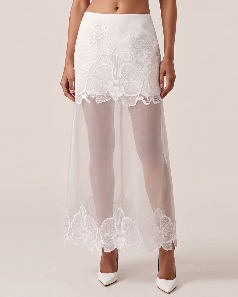 Orchid Embroidered Sheer Overlay Skirt - White