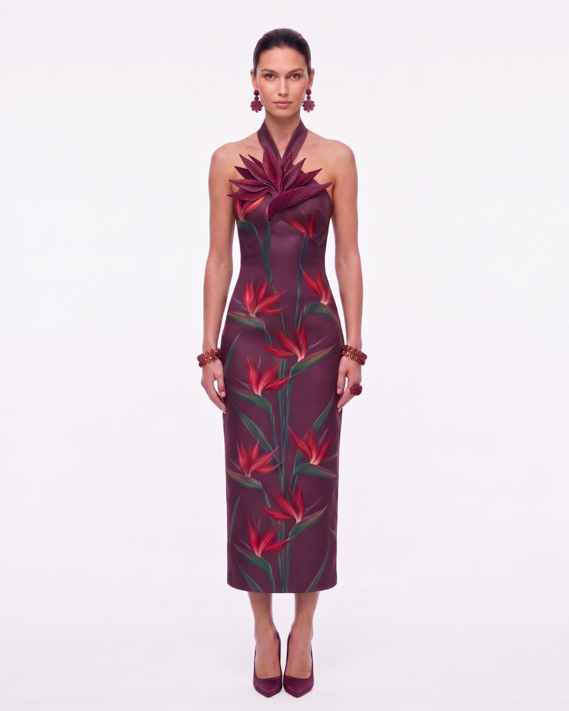 Bird of Paradise Appliqué Halter Column Midi Dress - Burgundy