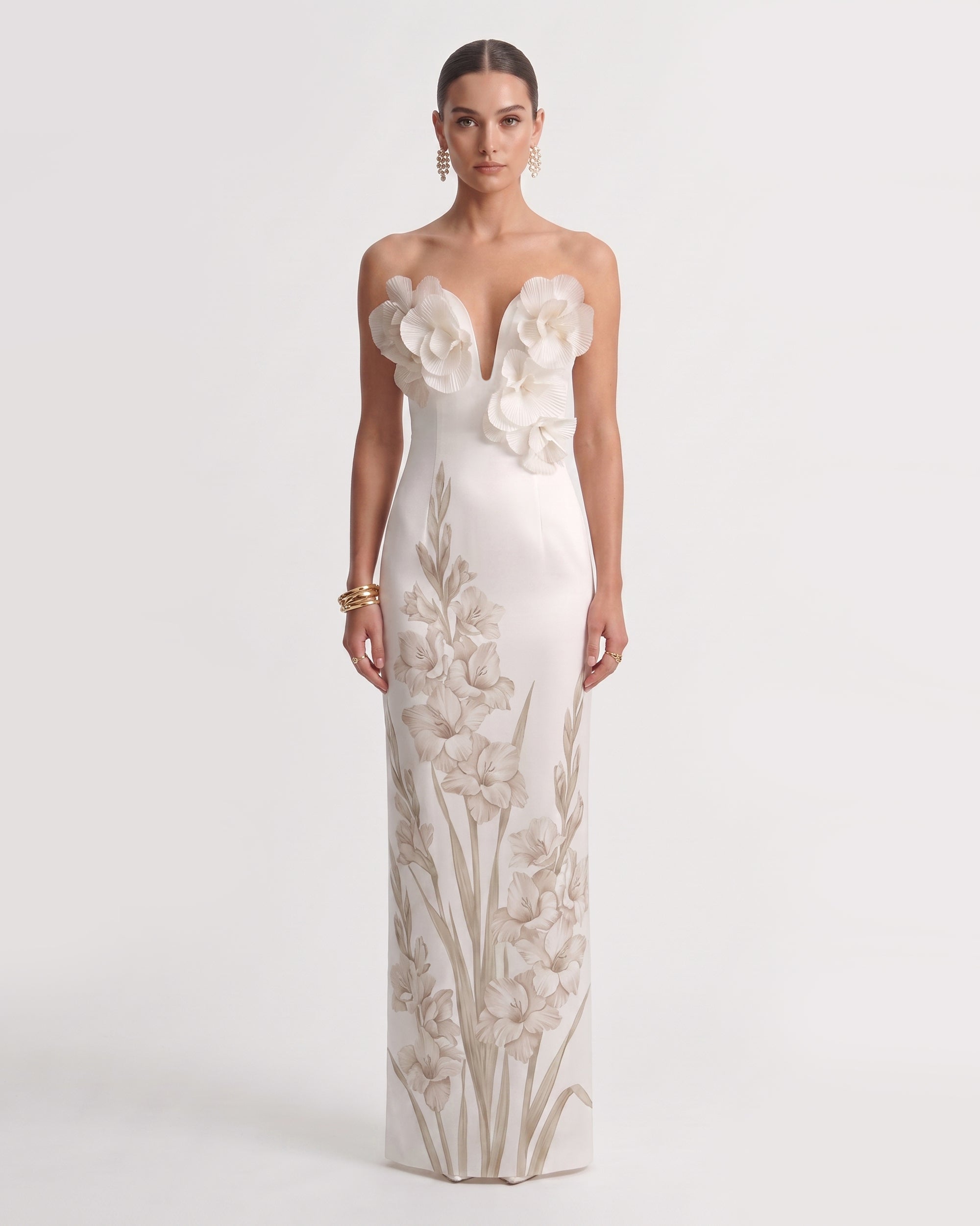 Gladiolus 3D Floral Appliqué Plunge Neck Maxi Dress - White