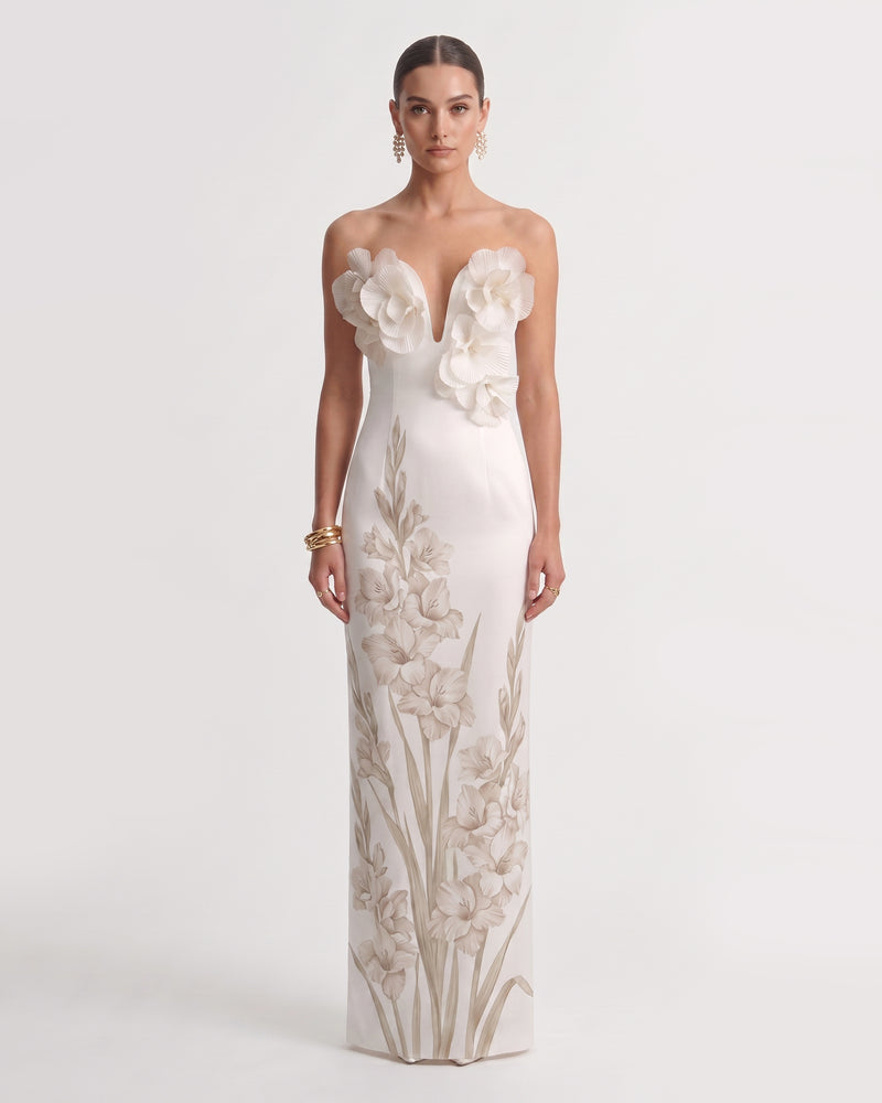 Gladiolus 3D Floral Appliqué Plunge Neck Maxi Dress - White