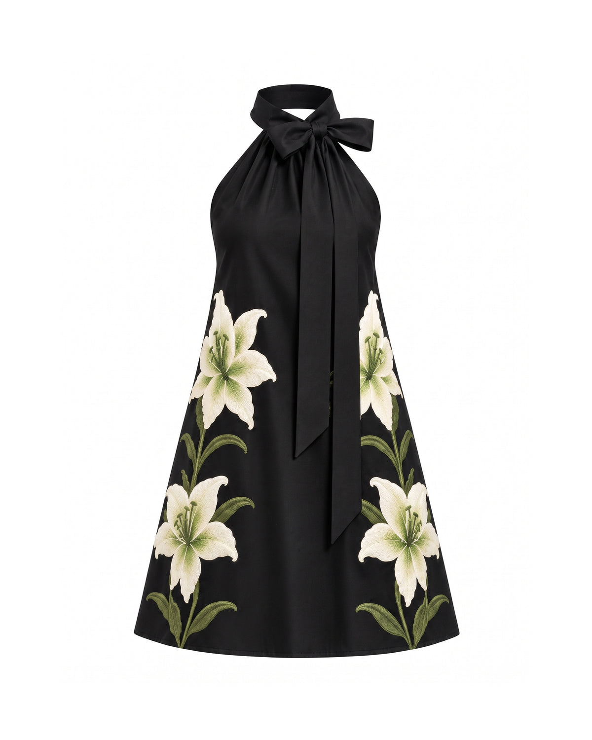 Lily Embroidered Bow Halter Mini Dress - Black