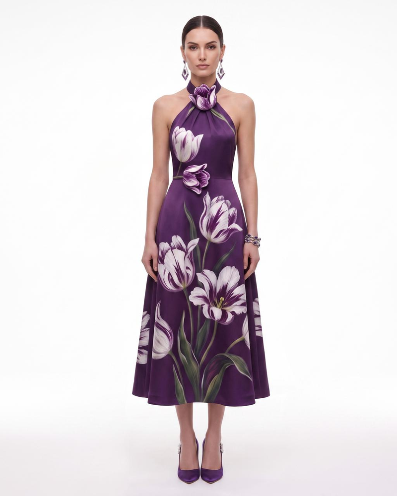 Tulip Floral Halter A-Line Midi Dress - Purple