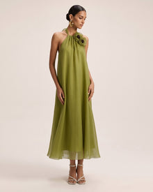 Poppy Embroidered Halter Neck Detail A-Line Midi Dress - Olive Green