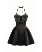 Flower Embroidered Halter Mini Dress - Black