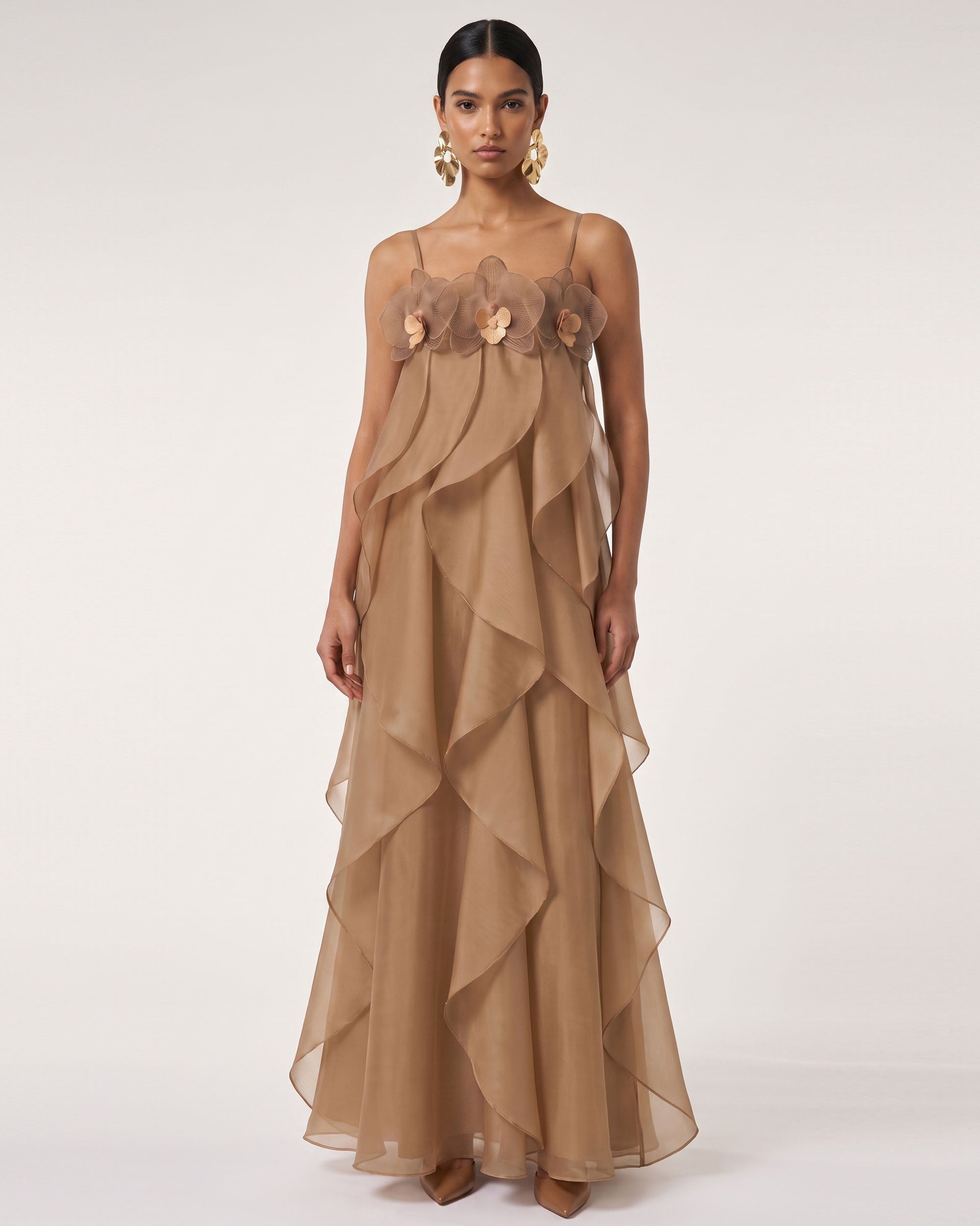Orchid Embroidered Organza Maxi Dress - Light Brown