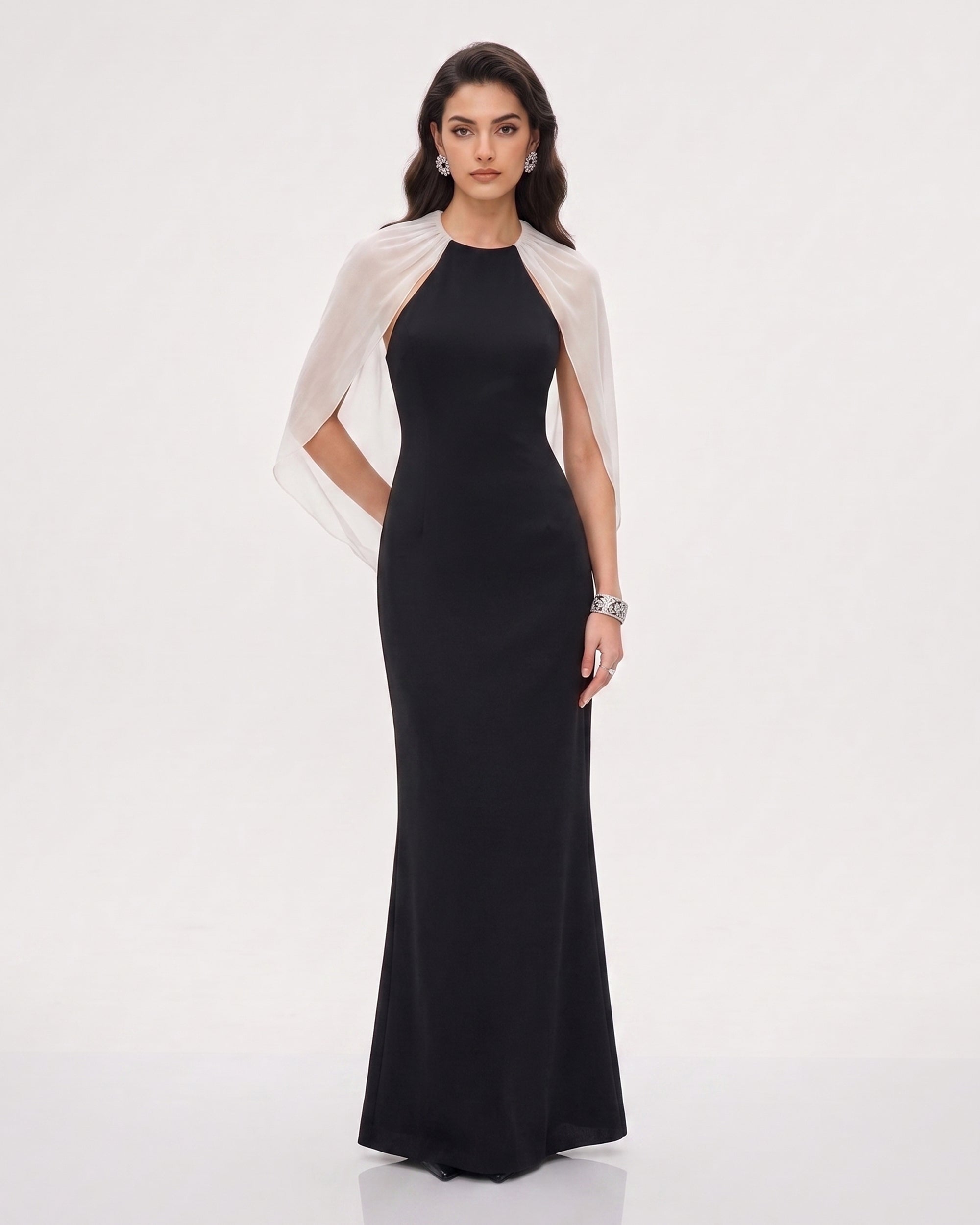 Halter Sheer Cape Maxi Gown - Black