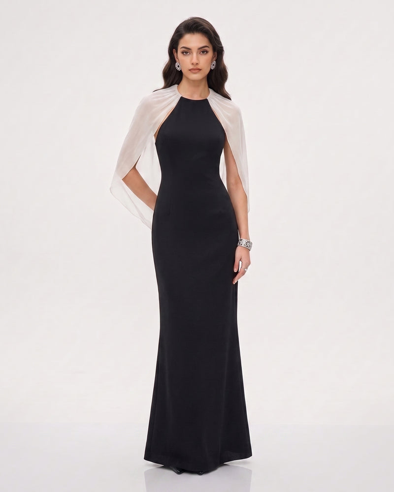 Halter Sheer Cape Maxi Gown - Black
