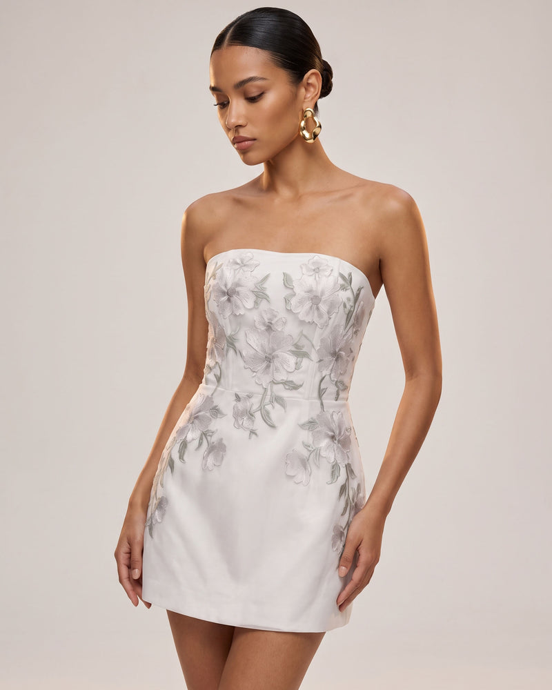 Floral Embroidered Strapless Corset Mini Dress - Light Gray
