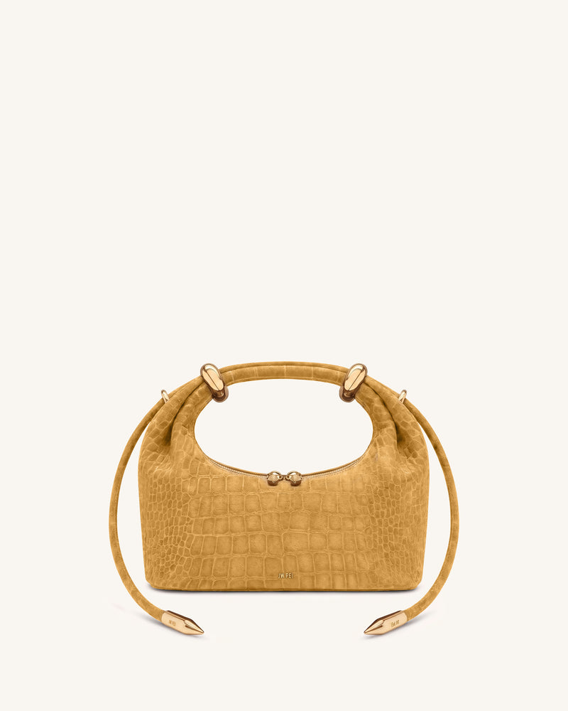 Ellie Faux Suede Metal Ring Embellished Top Handle Bag - Yellow-Brown Croc