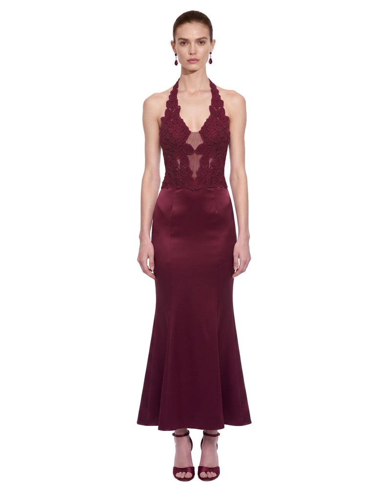 Floral Lace Sheer-Panel Halter Mermaid Dress – Burgundy