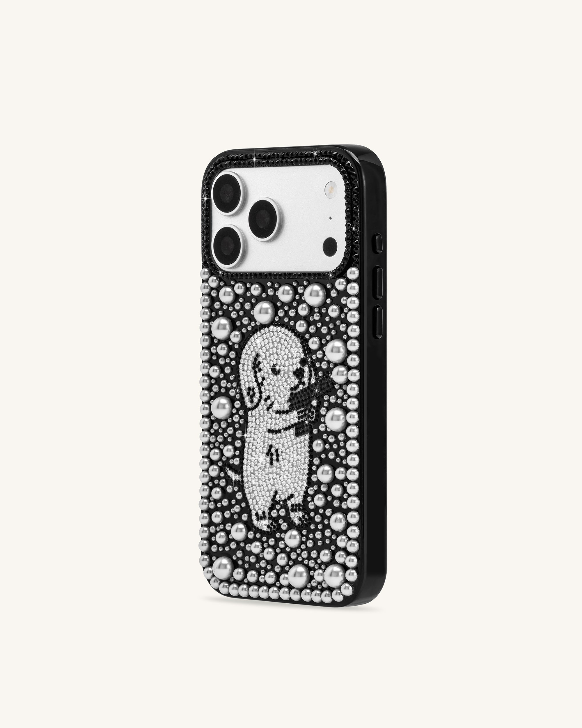 Pearl Artificial Crystal Puppy Phone Case - Black