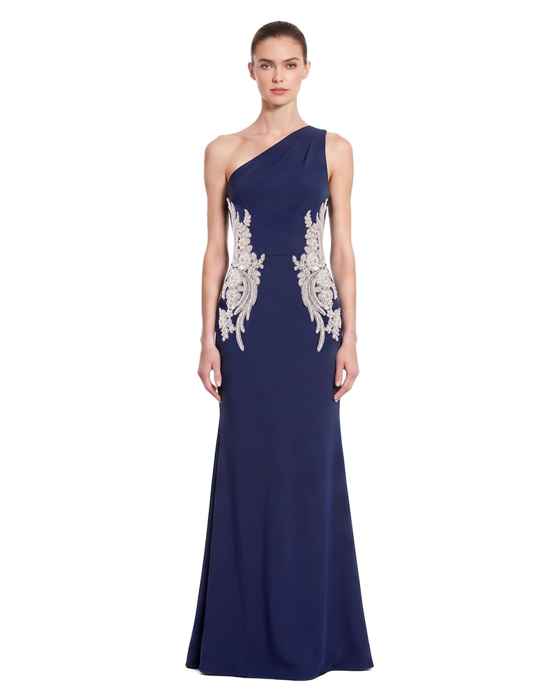 Embellished One-Shoulder Column Maxi Dress - Navy
