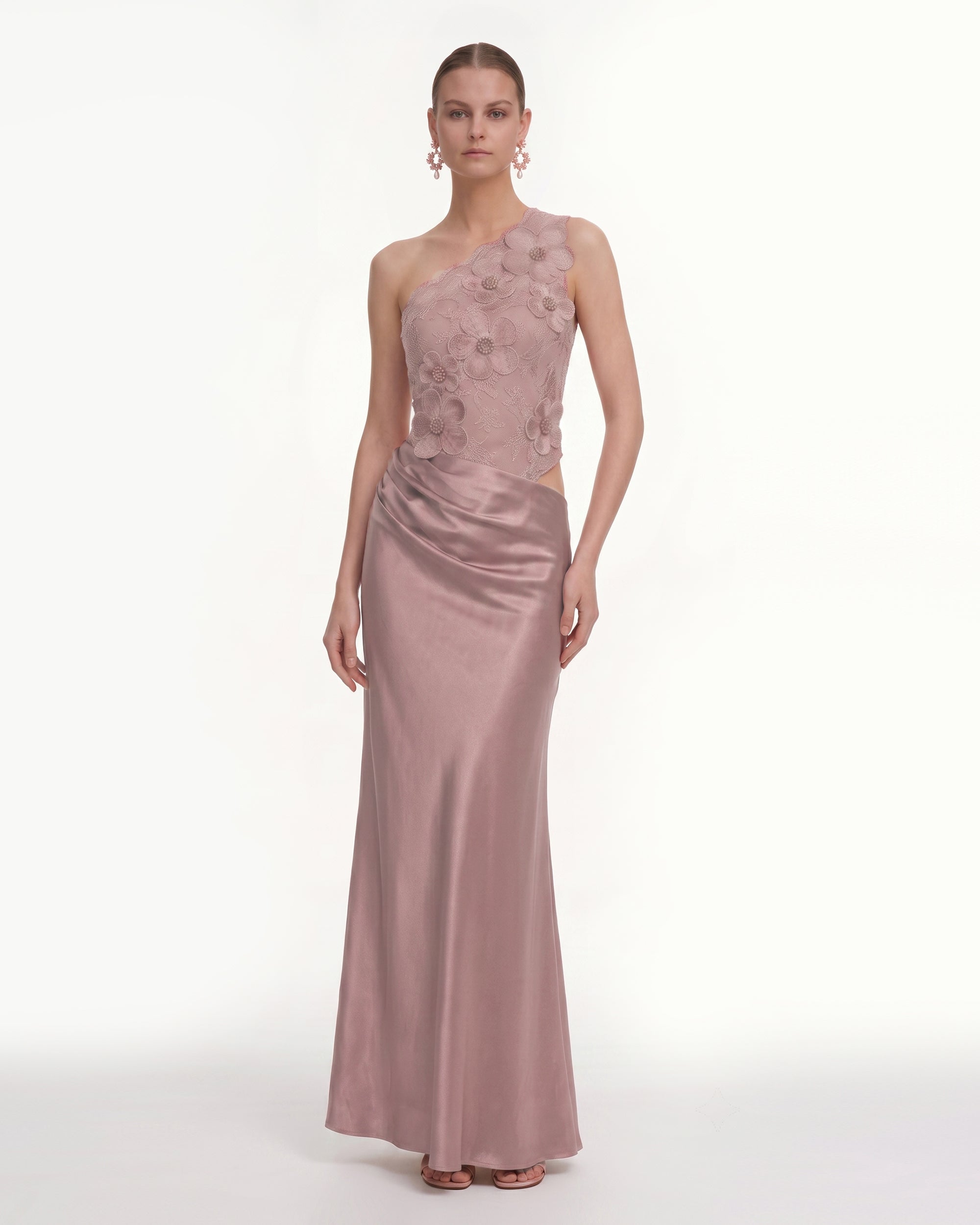 Floral One Shoulder Satin Dress - Dusty Rose