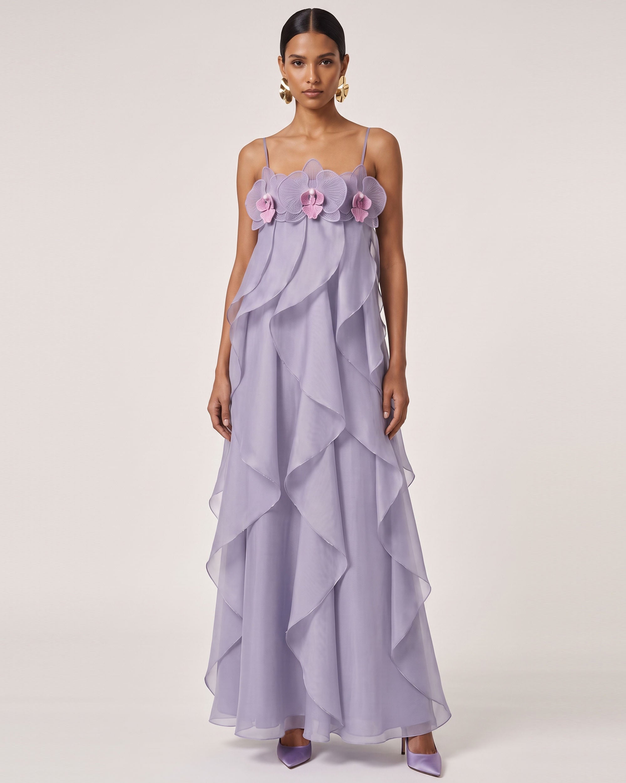 Orchid Embroidered Organza Maxi Dress - Light Purple