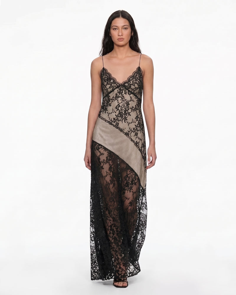 Sheer Lace Spaghetti Strap Maxi Dress - Black & Nude