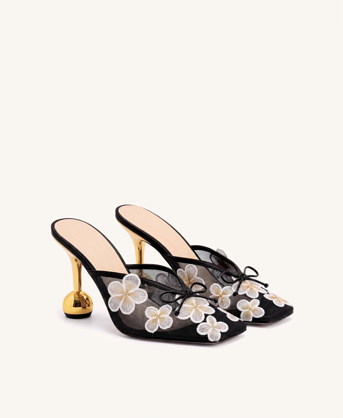 Mireille Floral Embroidered Bow Mesh Mules - Black