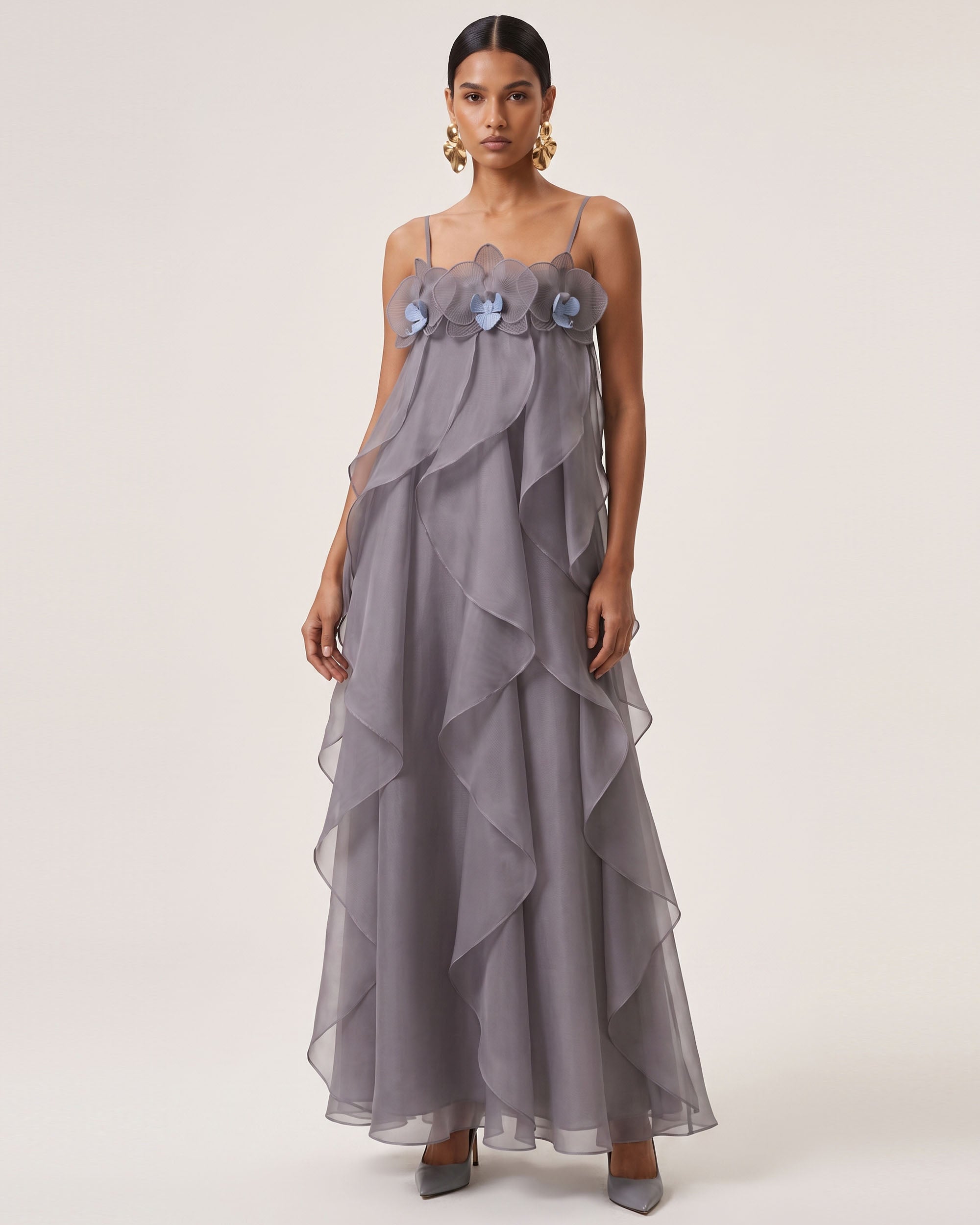 Orchid Embroidered Organza Maxi Dress - Dark Grey