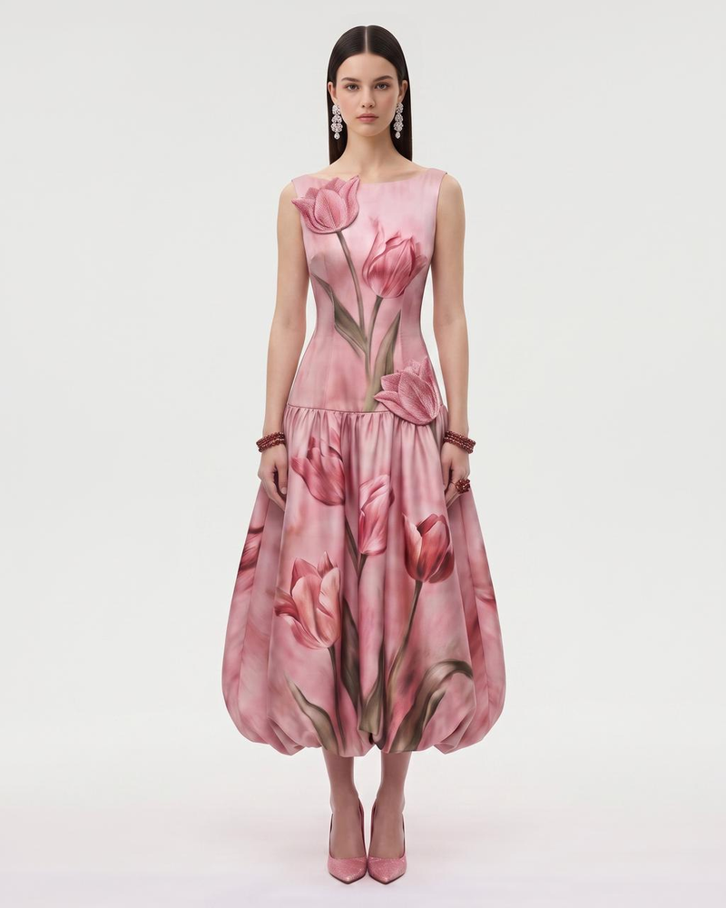 Tulip Floral Drop-Waist Bubble Midi Dress - Blush Pink