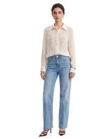 Floral Embellished Sheer Button-Down Shirt - Soft Cream