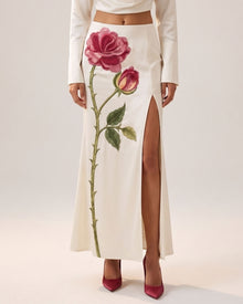 Rose Embroidered High-Split Maxi Skirt - Pure White