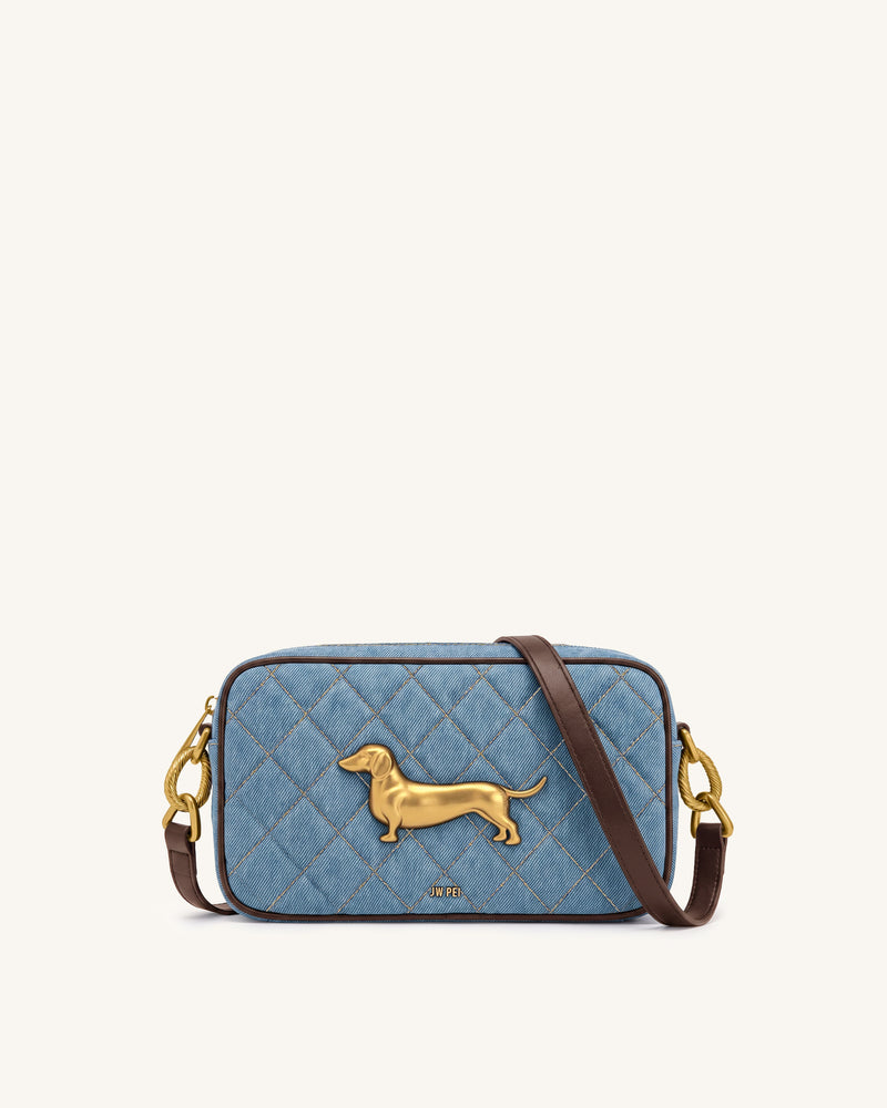 Riley Dachshund Quilted Shoulder Bag - Light Blue Denim