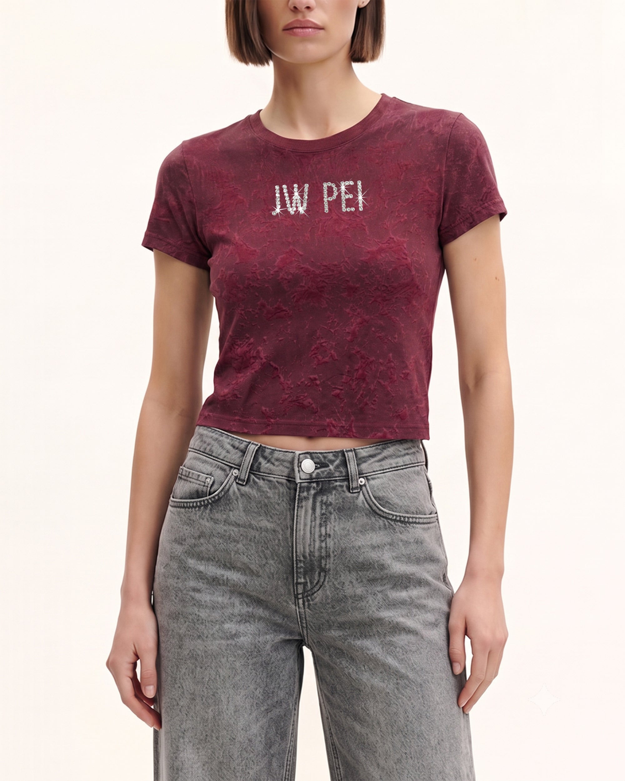Crystal Logo Crinkle Wash Cropped Tee - Burgundy
