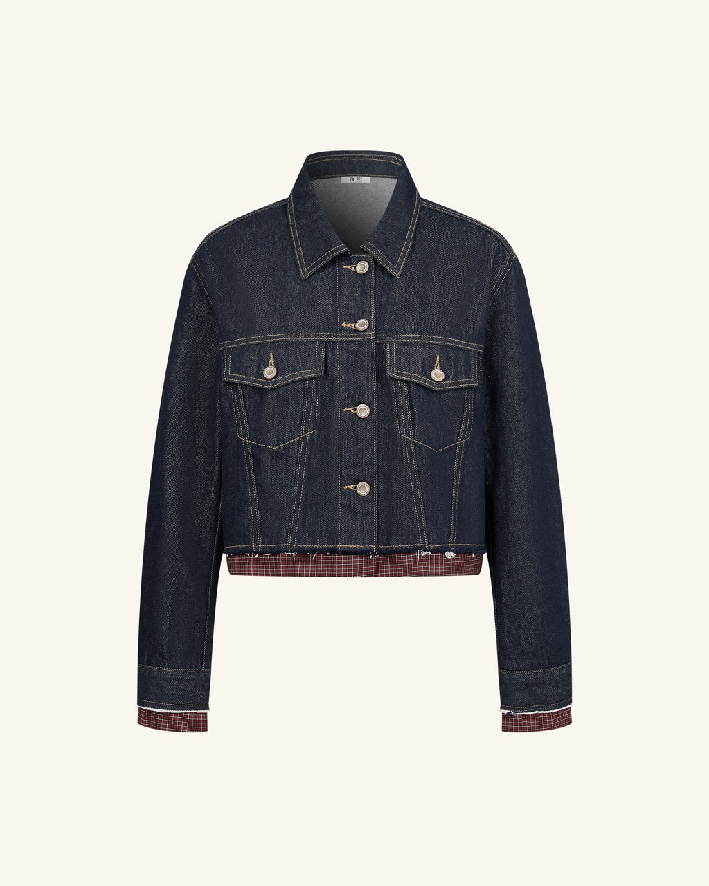 The Preppy Checkered Hem Frayed Jacket - Raw Denim