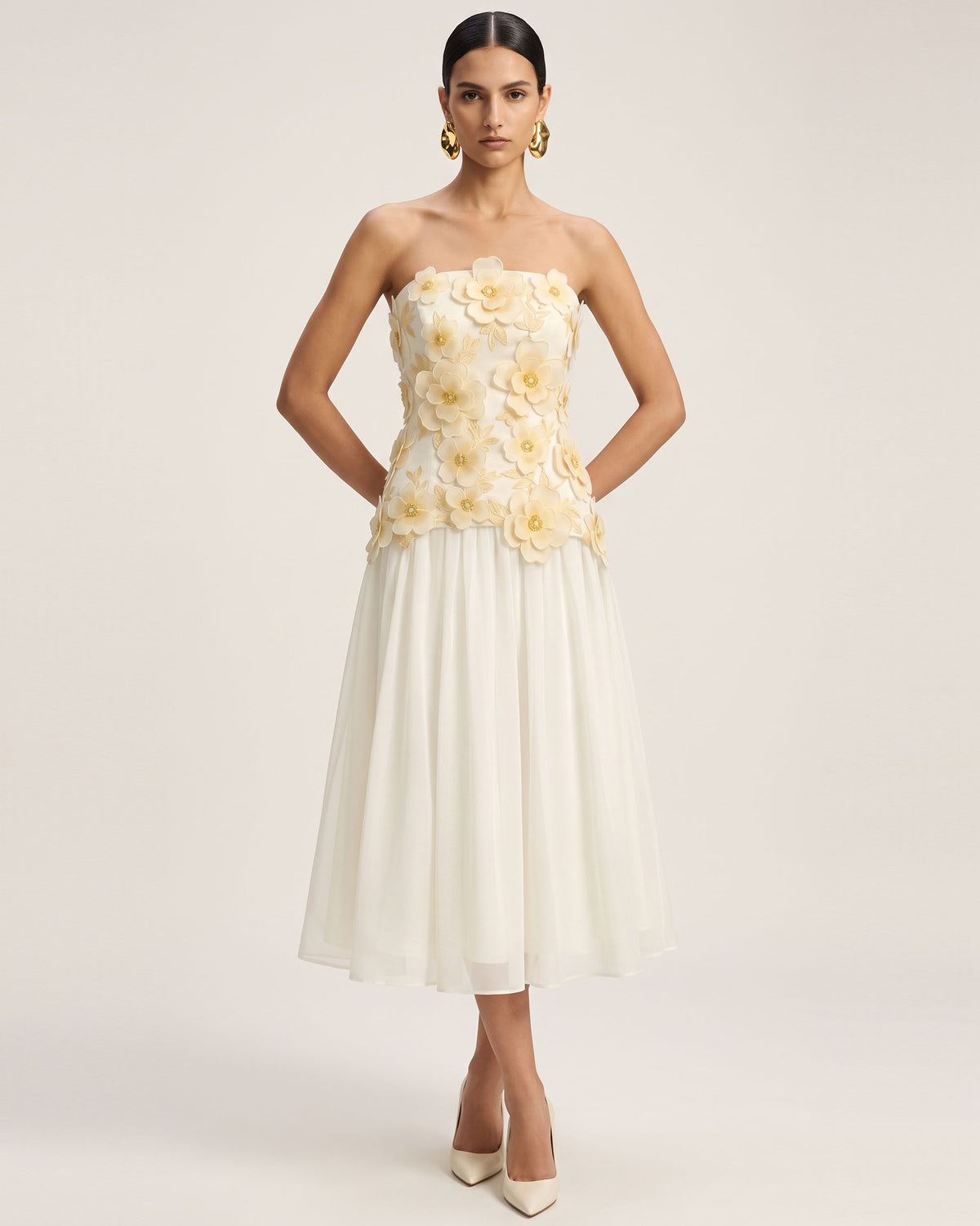 Flower Embroidered Strapless Midi Dress - Ivory