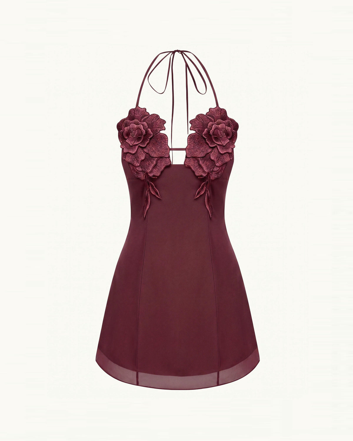 Flower Embroidered Mini Dress - Burgundy