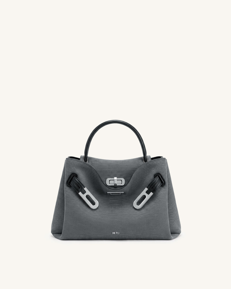 Rhea Small Double Buckle Shoulder Bag - Grey Canvas