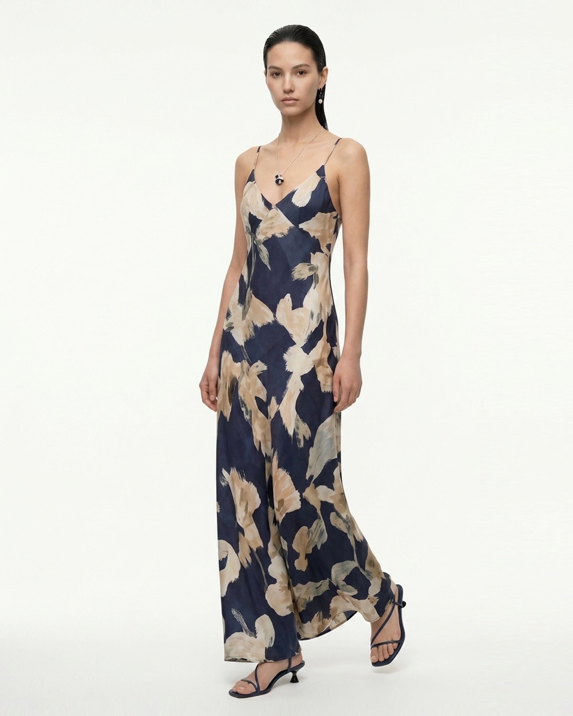 Abstract Floral Spaghetti Strap Maxi Dress - Navy & Beige