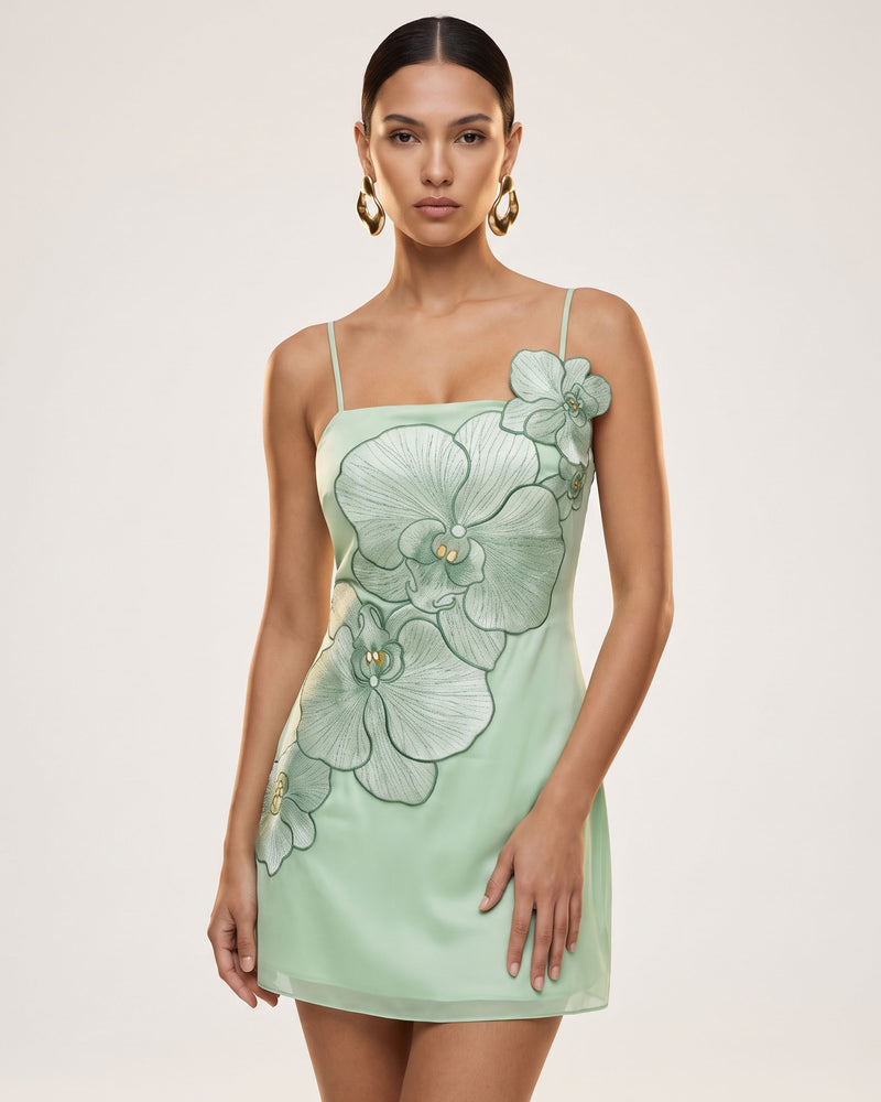 Orchid Appliqué Mini Dress - Mint Green