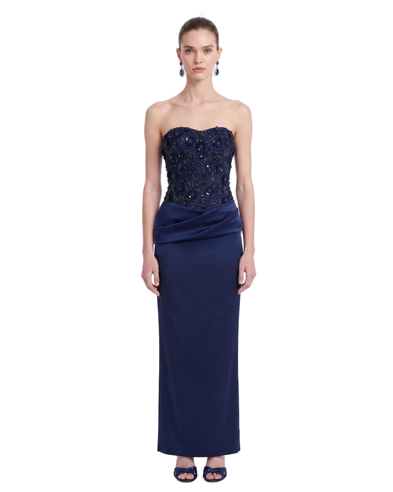 Beaded Floral Strapless Draped Satin Maxi Dress - Navy