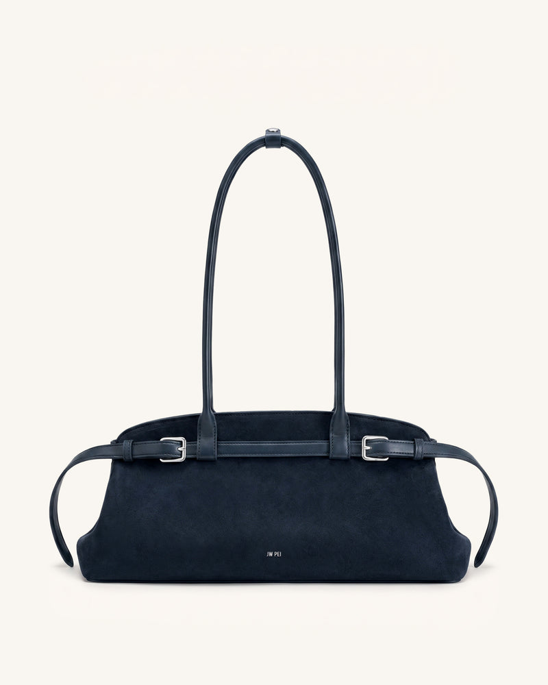 Arden Faux Suede Belt Detail East-West Shoulder Bag - Navy Blue