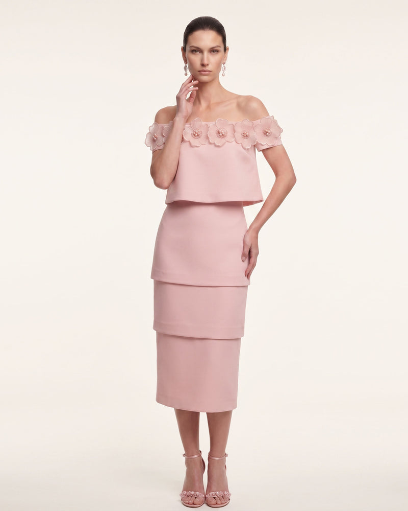 3D Floral Off-Shoulder Tiered Midi Dress - Blush Pink