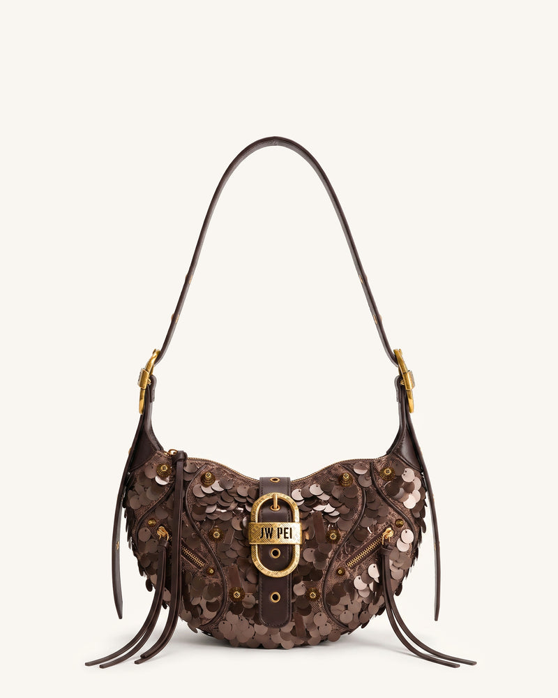 Tessa Sequins Studded Shoulder Bag - Coffee Brown