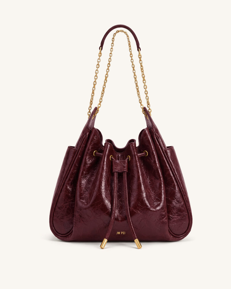 Rowan Ruched Drawstring Chain Bucket Bag - Vermilion Red