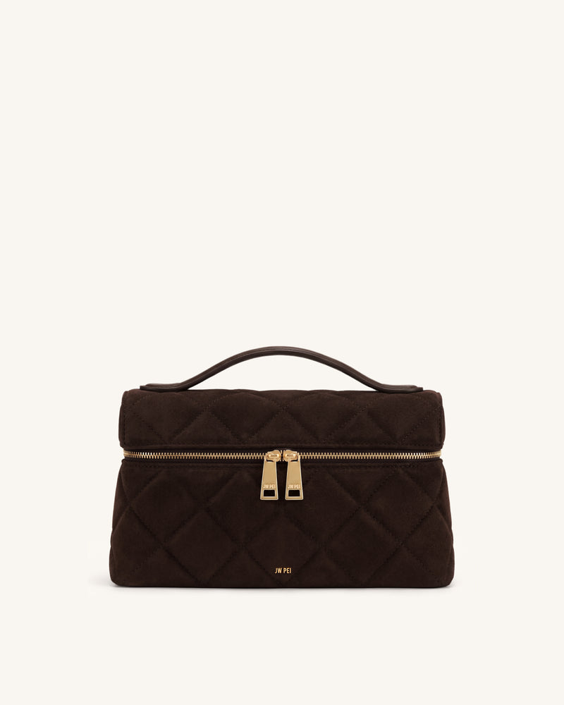 Thea Faux Suede Quilted Top Handle Bag - Dark Coffee Brown