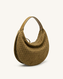 Nola Faux Suede Woven Crescent Shoulder Bag - Olive Green