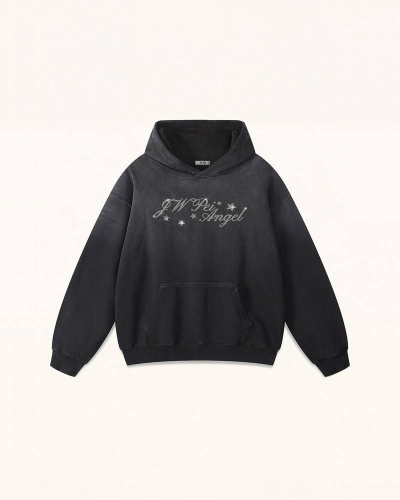 The Seraphic Crystal Feather Wing Hoodie - Washed Black