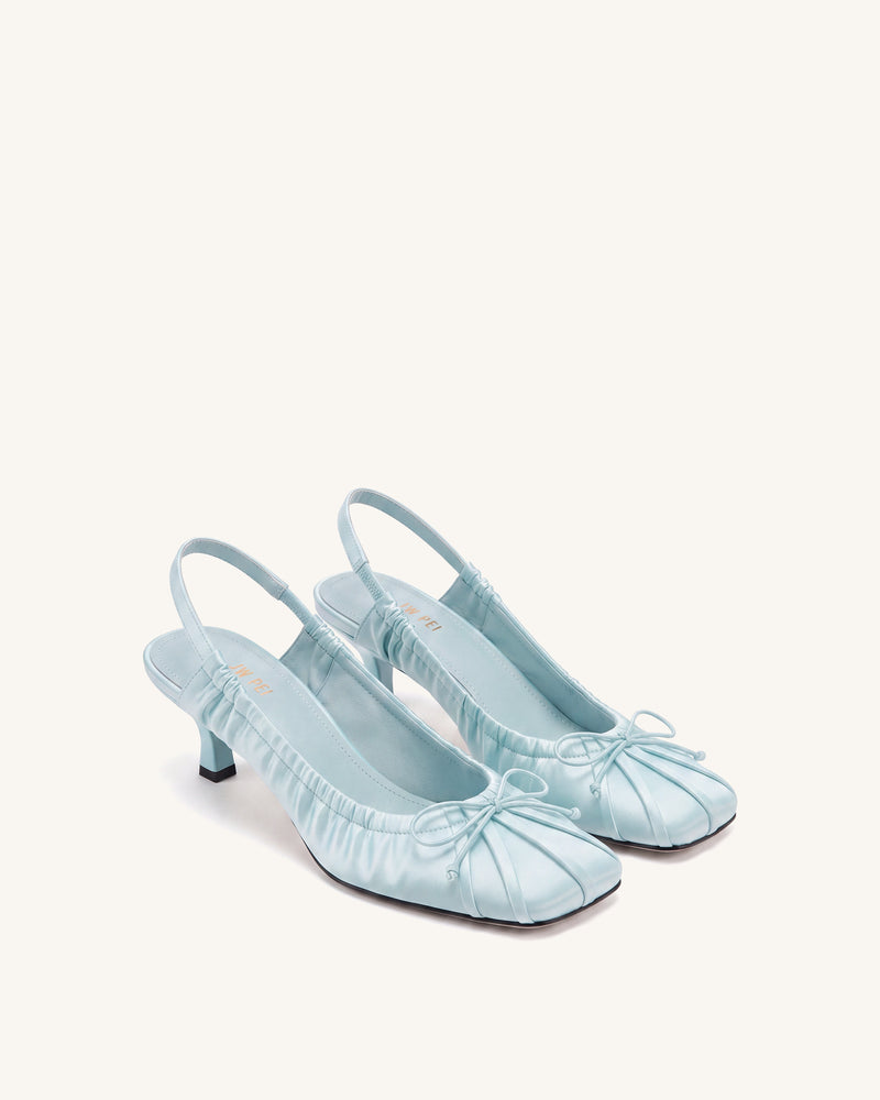Solenne Satin Bow Ruched Slingback Pumps - Blue