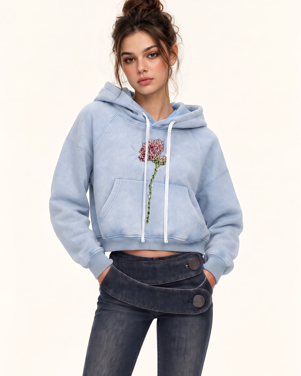 Rhinestone Rose Acid Cropped Hoodie - Washed Sky