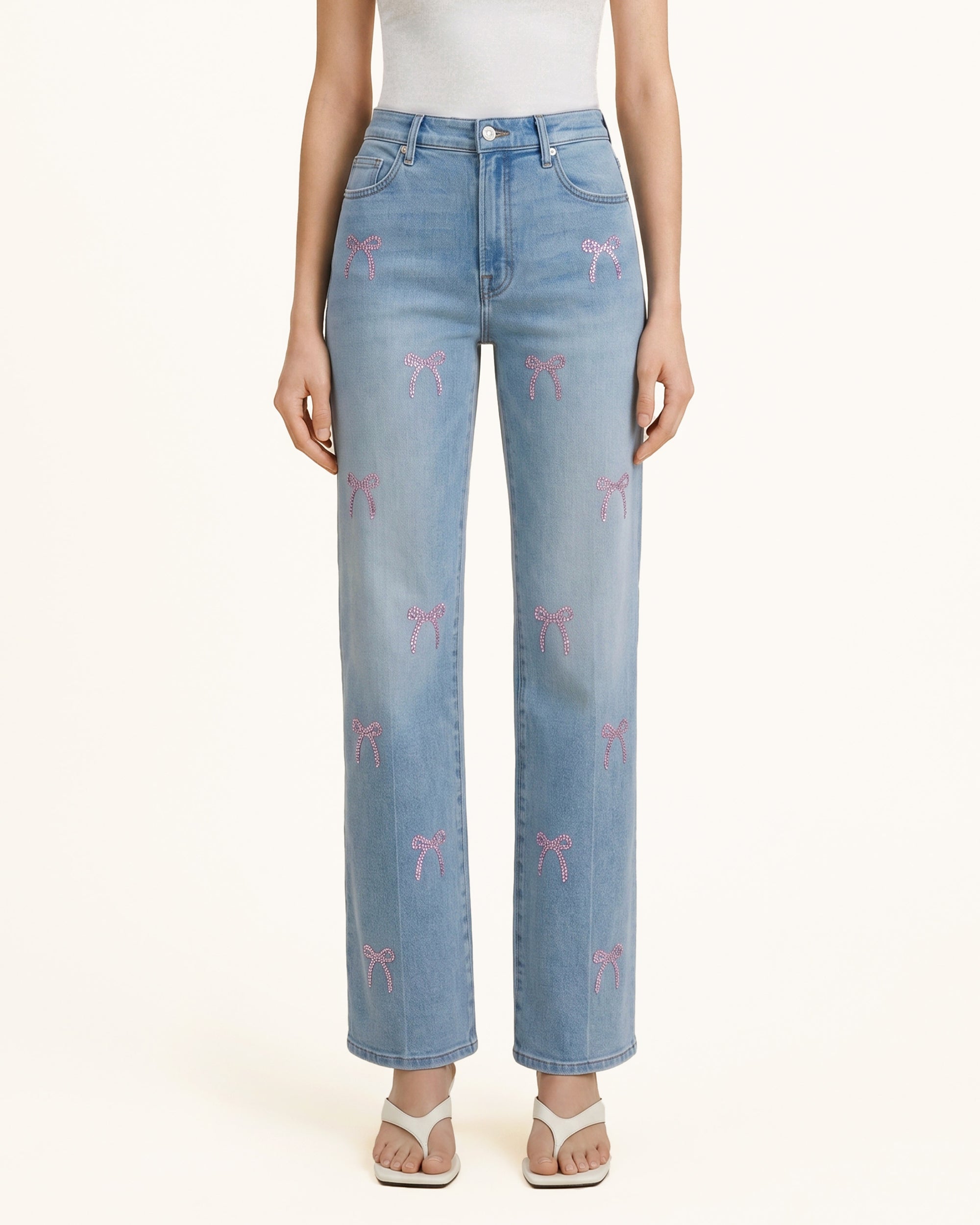 Sweetheart Pink Bow Rhinestone Straight Jeans - Pale Blue Eyes