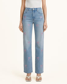Sweetheart Pink Bow Rhinestone Straight Jeans - Pale Blue Eyes