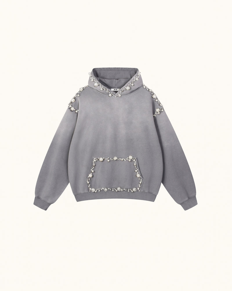 The Opulent Off-White Pearl Trim Hoodie - Washed Grey