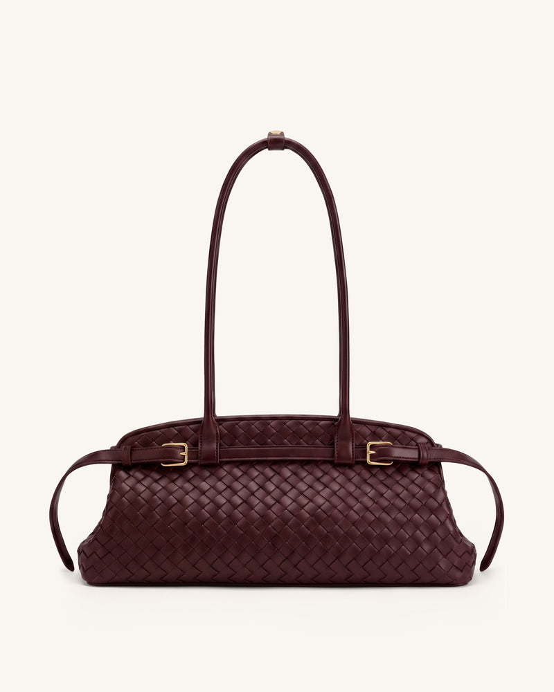 Arden Woven Belt Detail East-West Shoulder Bag - Burgundy