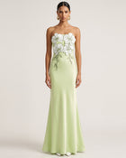 3D Floral Strapless Satin Slit Maxi Dress - Light Green